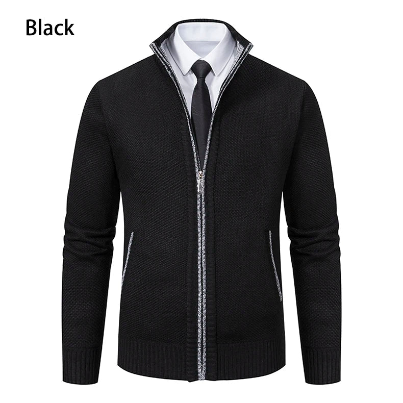 Black zip cardigan in straight front view with light gray trim on the zipper and pockets 16