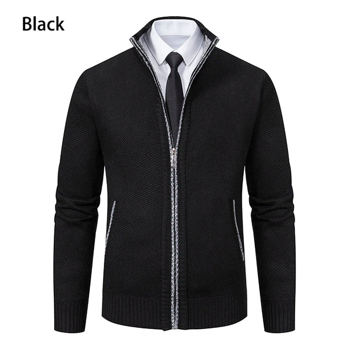 Black zip cardigan in straight front view with light gray trim on the zipper and pockets 16