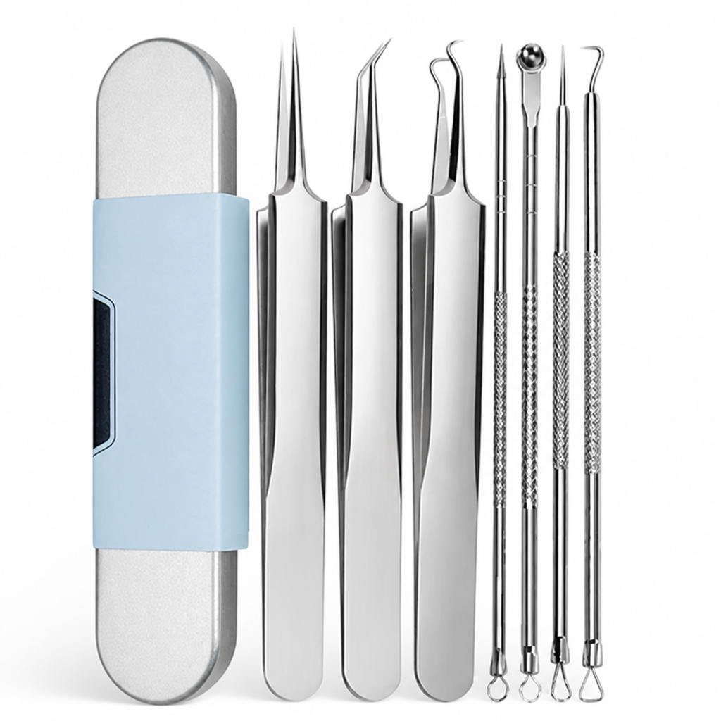 Flat view of the stainless steel set on white: three pointed tweezers, four textured-handle loop tools, and the blue-banded metal case. 6