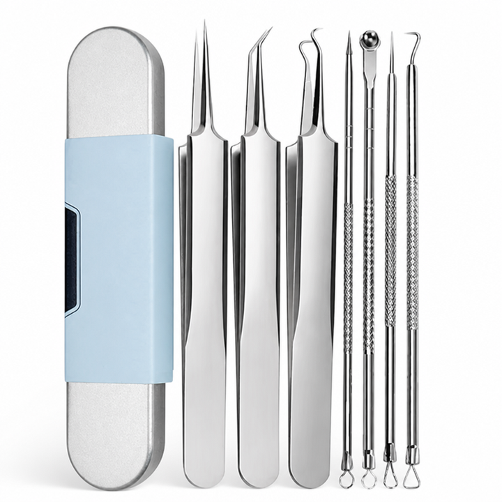 Flat view of the stainless steel set on white: three pointed tweezers, four textured-handle loop tools, and the blue-banded metal case. 6