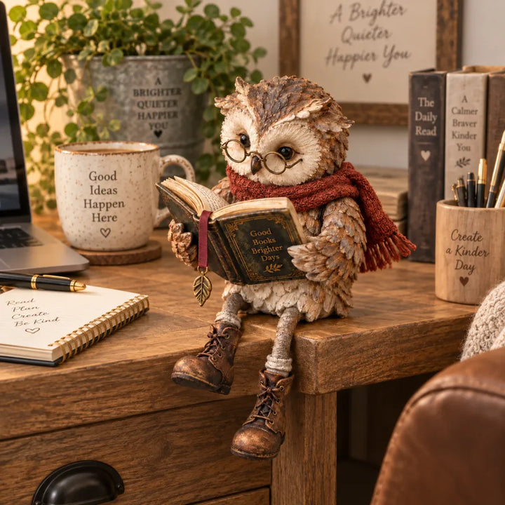 Beige and brown owl figurine with glasses, book, scarf and boots, another view.