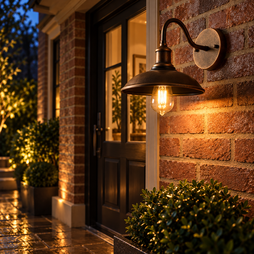 Vintage outdoor wall lamp in brown aluminium on a brick wall, another view