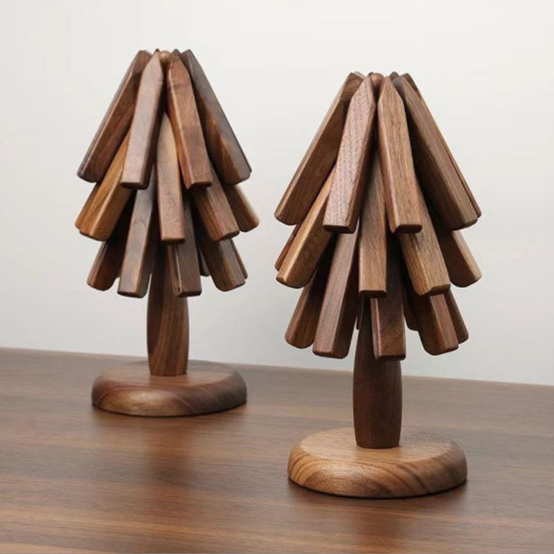Black walnut wood table mat stacked on two tree-shaped stands, another view