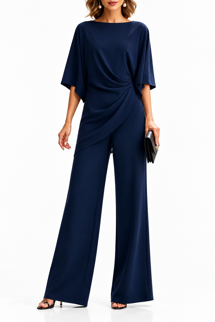 Women's Draped Waist Two Piece Set in navy, side view of the draped waist top and wide-leg pants
