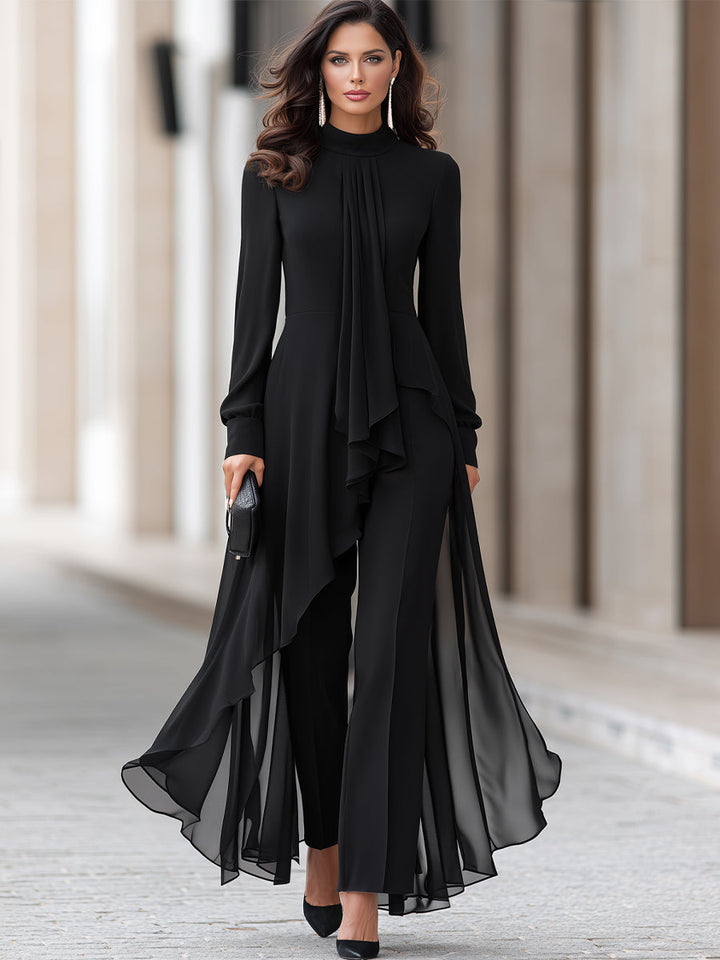 Black chiffon tunic and wide-leg pants set, full-length front view