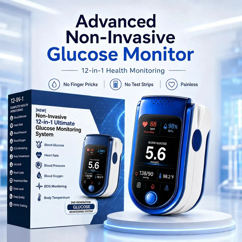 Blue and white fingertip glucose monitor in front of the retail box