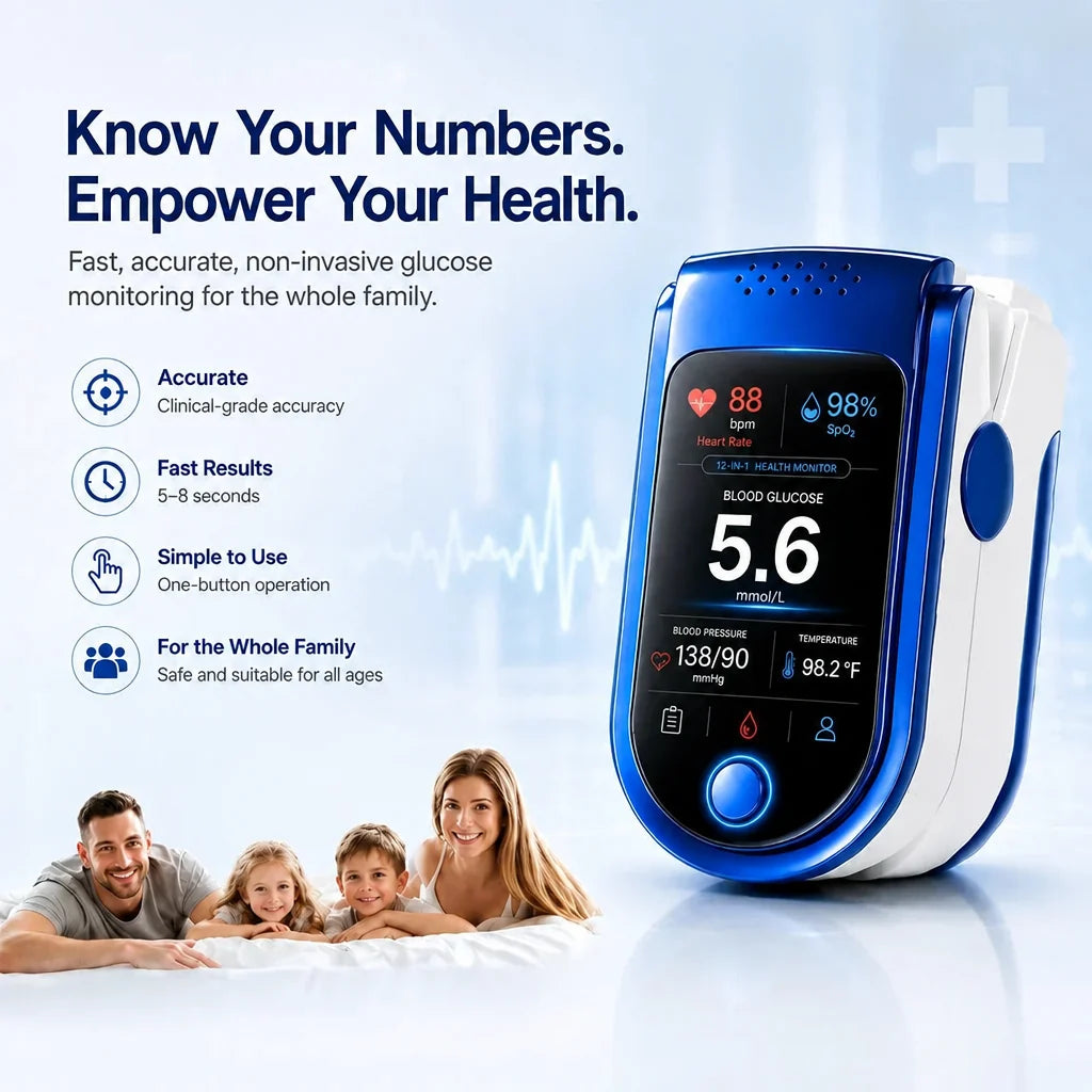 Blue and white fingertip glucose monitor another view with display facing forward