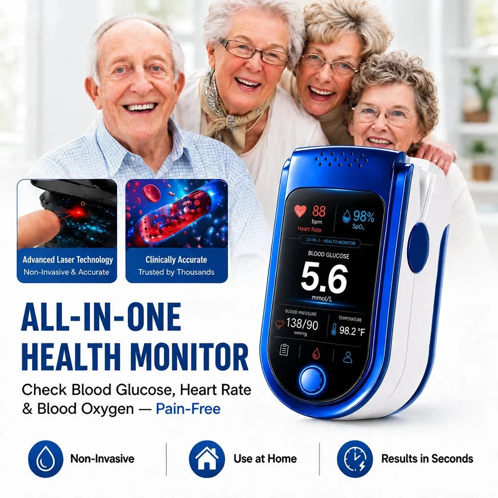 Blue and white fingertip glucose monitor with a color display