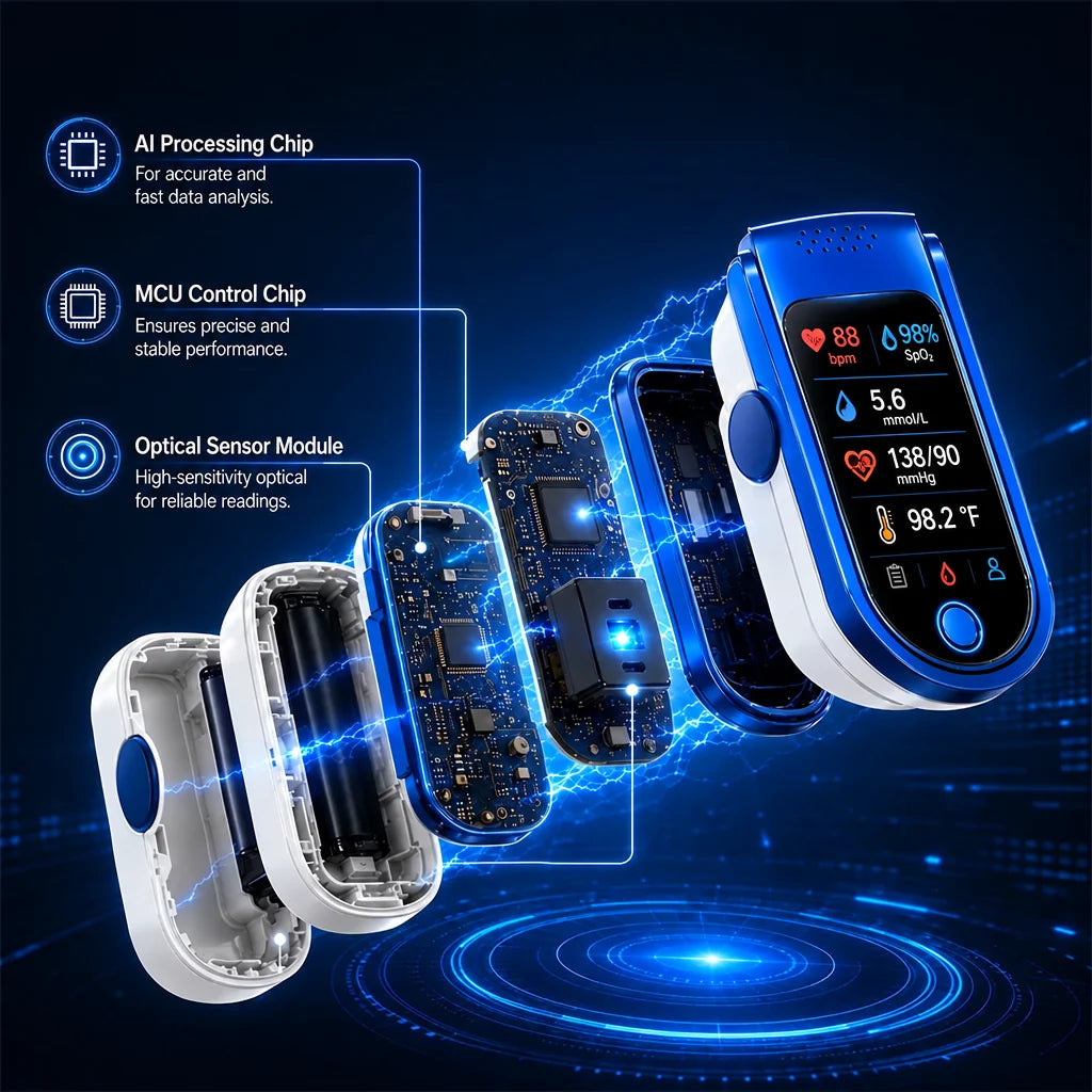 Blue and white fingertip glucose monitor detail with internal parts shown