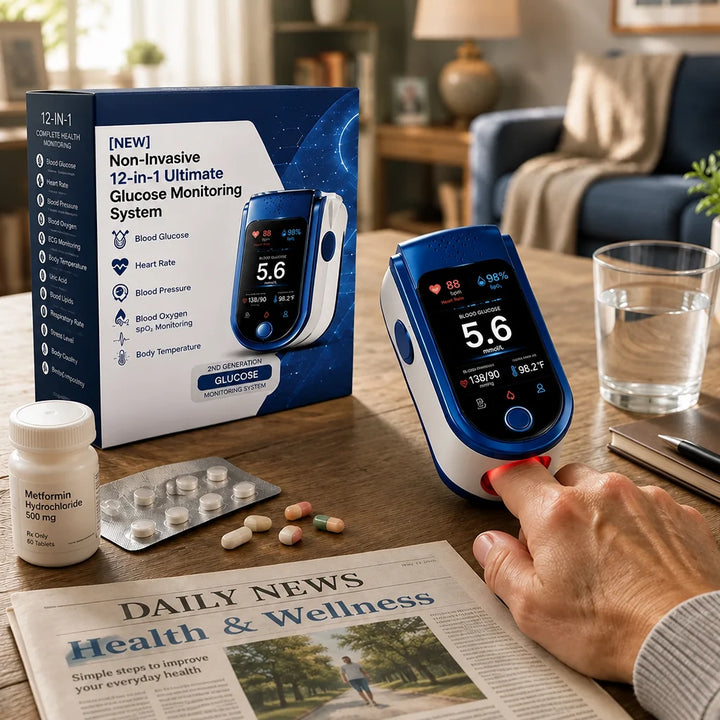 Blue and white fingertip glucose monitor beside the retail box and pill bottle