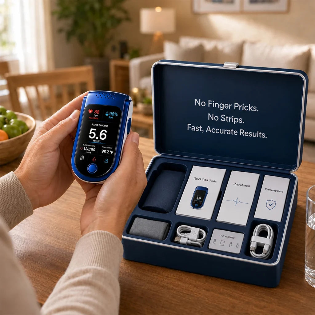 Blue and white fingertip glucose monitor detail with case and accessories