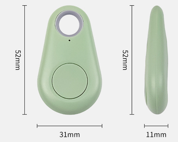 GPS Tracker another view showing the light green tracker with size callouts.
