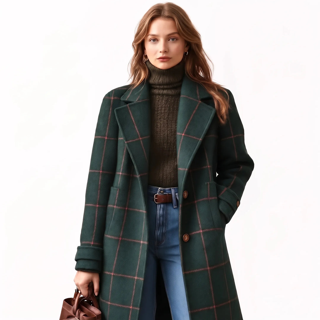 Model wearing the dark green coat with pink check lines, brown turtleneck, jeans and leather tote 17