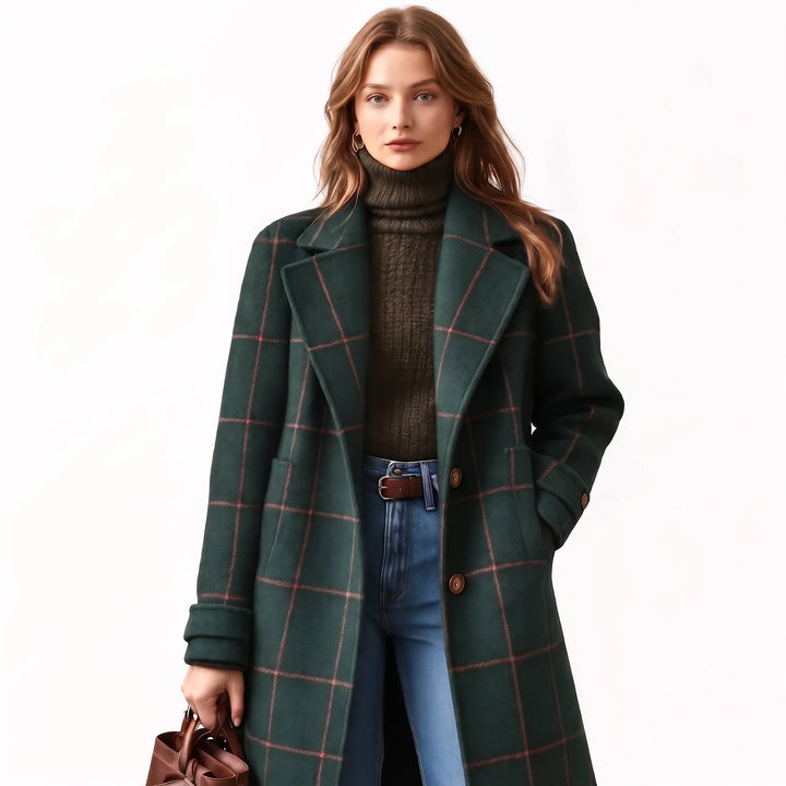 Model wearing the dark green coat with pink check lines, brown turtleneck, jeans and leather tote 17