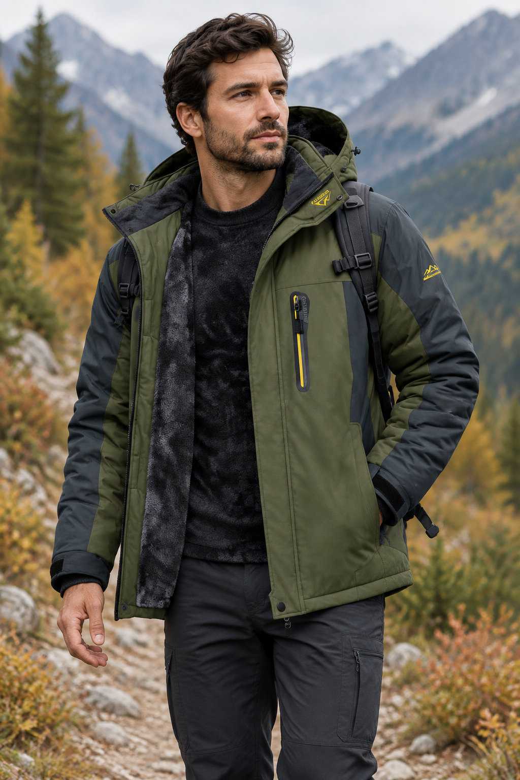 Man in an olive green and gray hooded jacket with backpack, hiking on a mountain trail 1