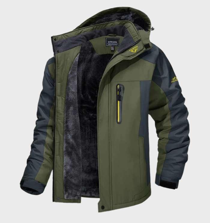 Olive green and gray hooded jacket, unzipped to show the thick dark plush fleece lining 2