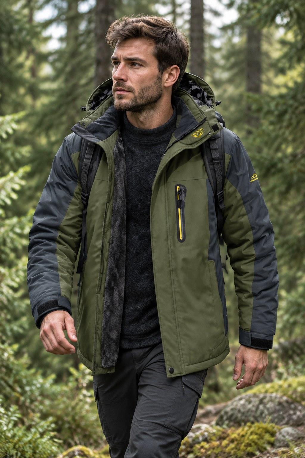 Bearded man hiking through a pine forest in an olive and gray jacket worn open 1