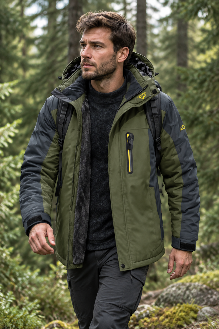 Bearded man hiking through a pine forest in an olive and gray jacket worn open 1