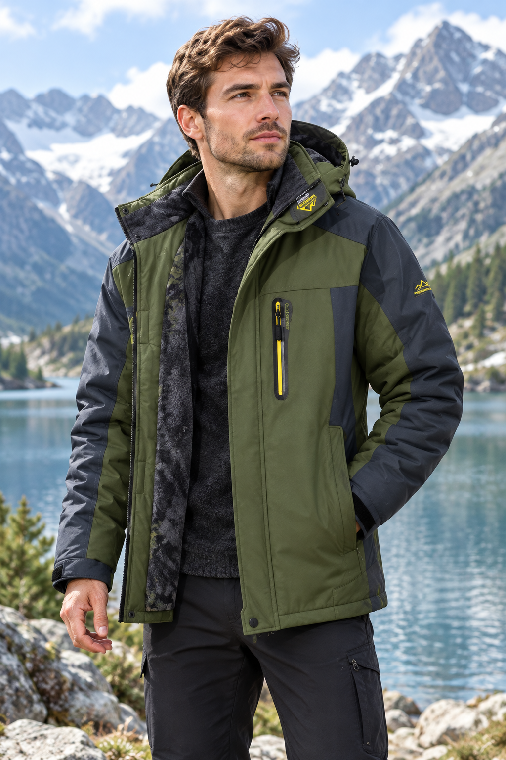 Man wearing the olive green and gray hooded jacket, partly unzipped, beside a mountain lake 1