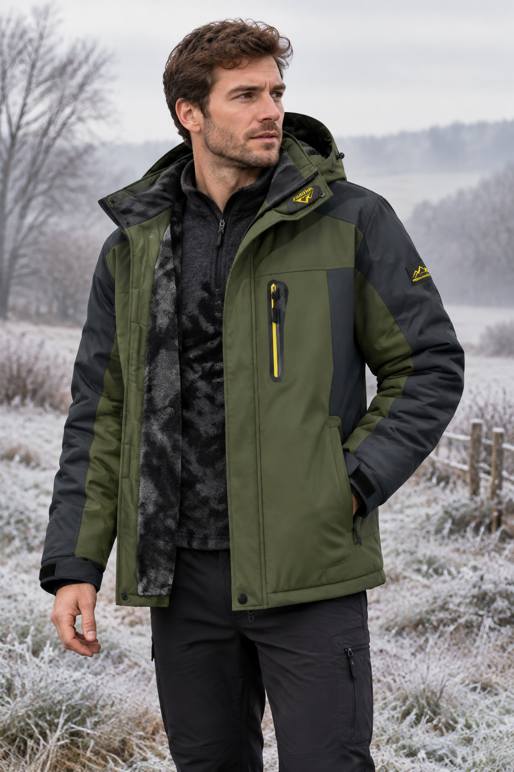 Man in an olive green and black hooded jacket worn open over a fleece, in a frosty field 1