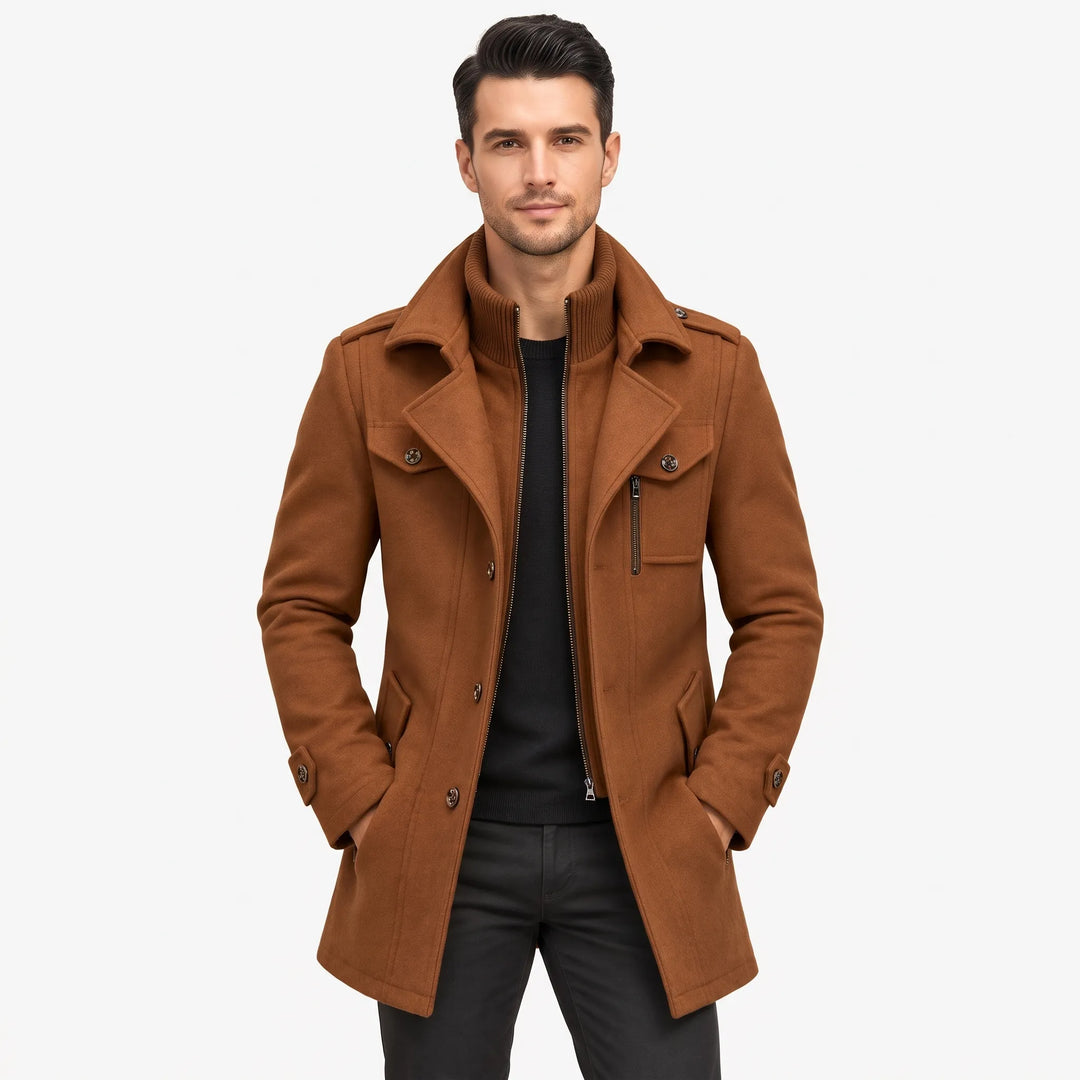 Model wears the camel brown coat open over a black sweater and dark pants 17