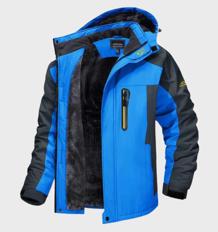 Bright blue hooded jacket with gray sleeves, open at the front to reveal plush fleece lining 2