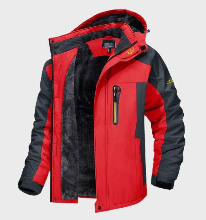 Red and charcoal hooded jacket, unzipped to show plush dark fleece lining and yellow-trimmed chest pocket 4