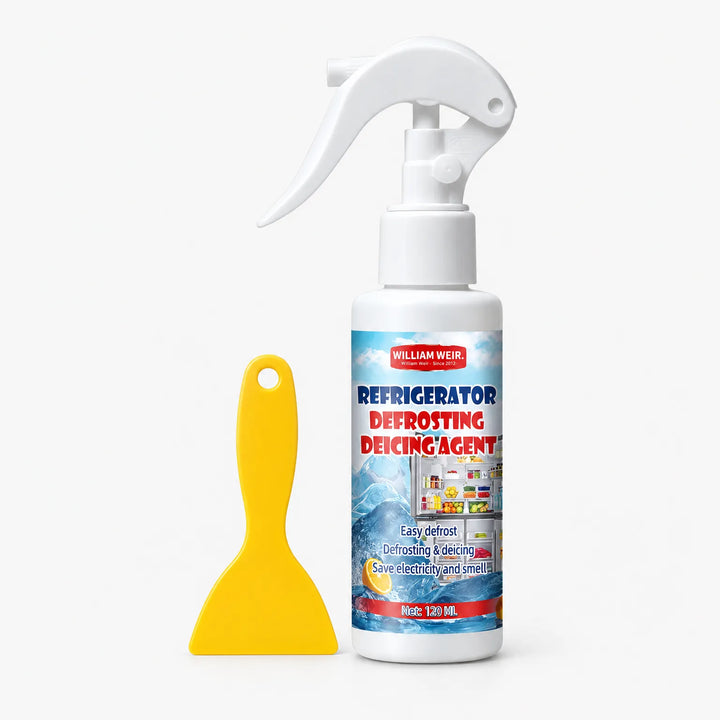 White trigger spray bottle with a blue label standing next to a yellow plastic scraper 17