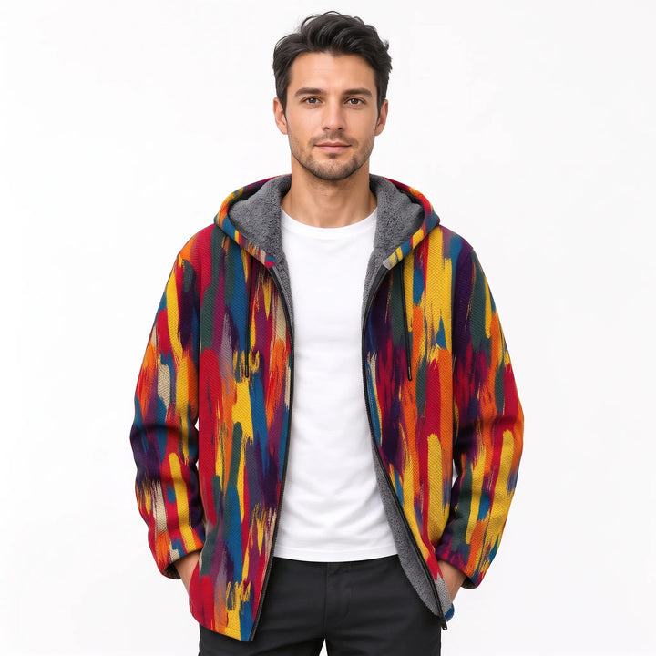 Man wearing the open hooded jacket in vertical red, yellow, blue and orange brushstrokes 17