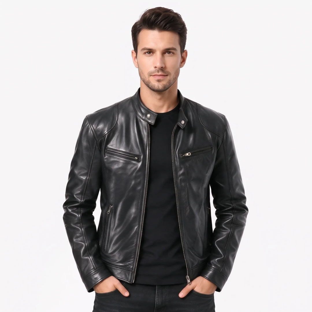 Model in a black leather biker jacket with stand collar over a black tee 17