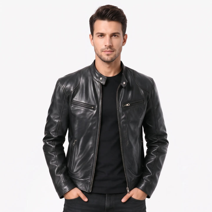 Model in a black leather biker jacket with stand collar over a black tee 17