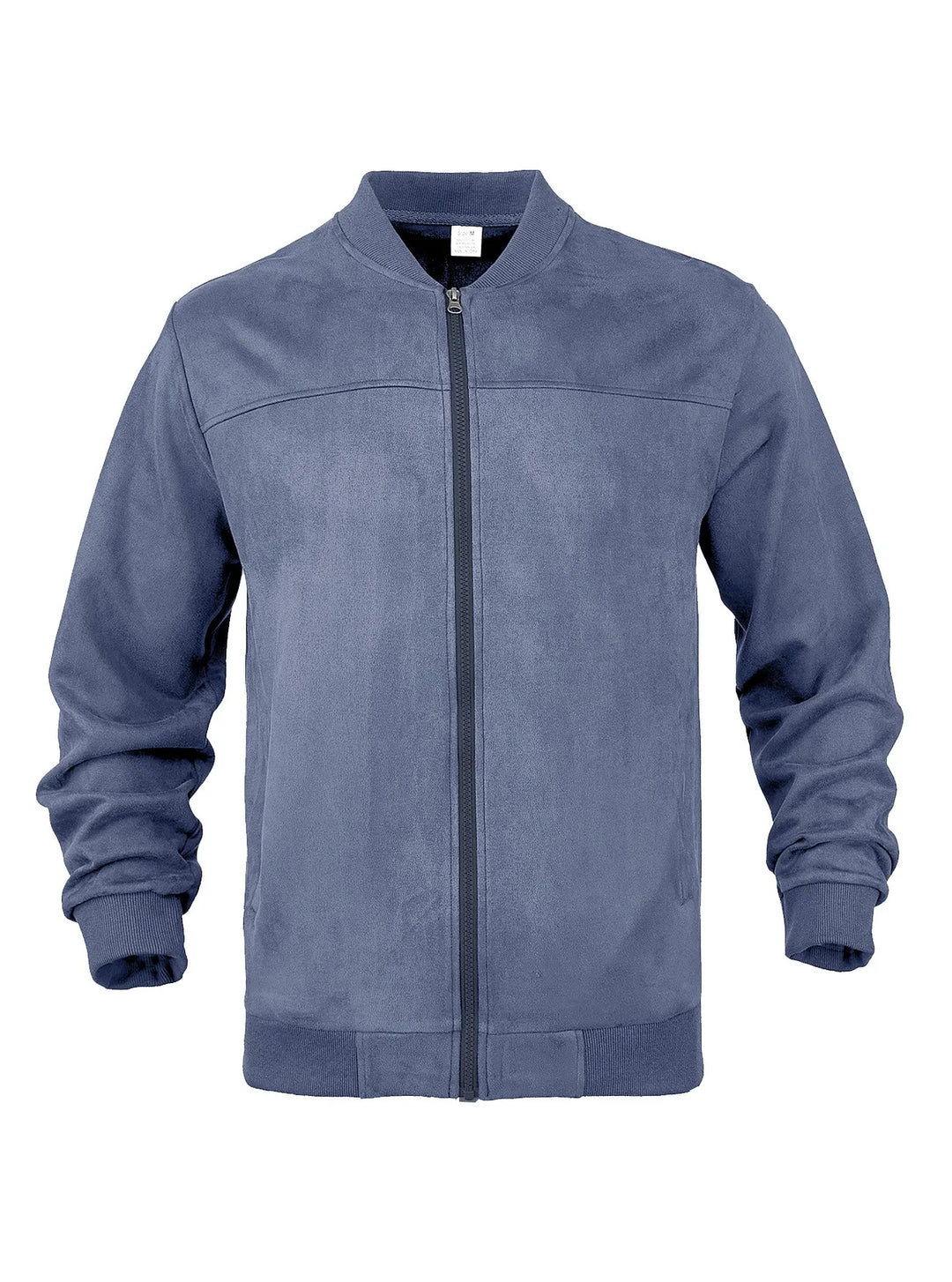 Front view of the blue zip-up jacket laid flat, showing the full zipper, ribbed collar and cuffs 17