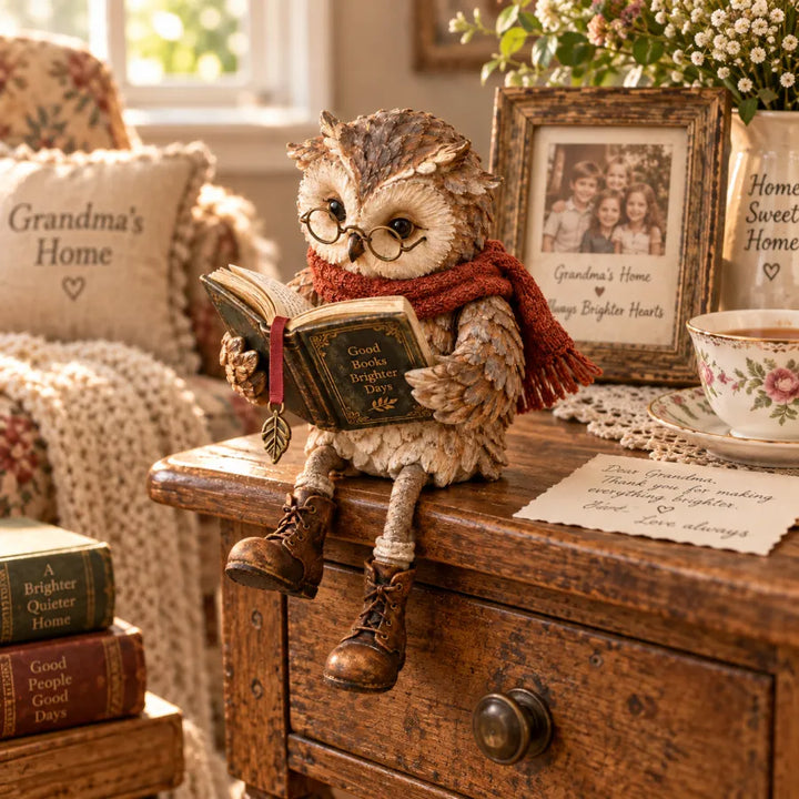Beige and brown owl figurine with glasses, book, scarf and boots, another view.