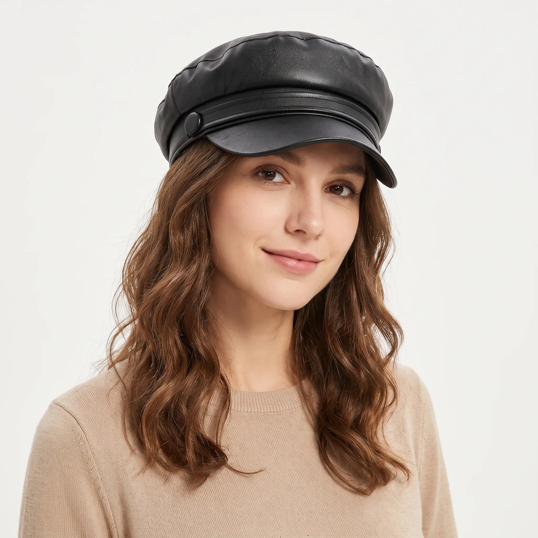 Smiling woman with wavy brown hair wearing the black cap with a beige knit sweater 18