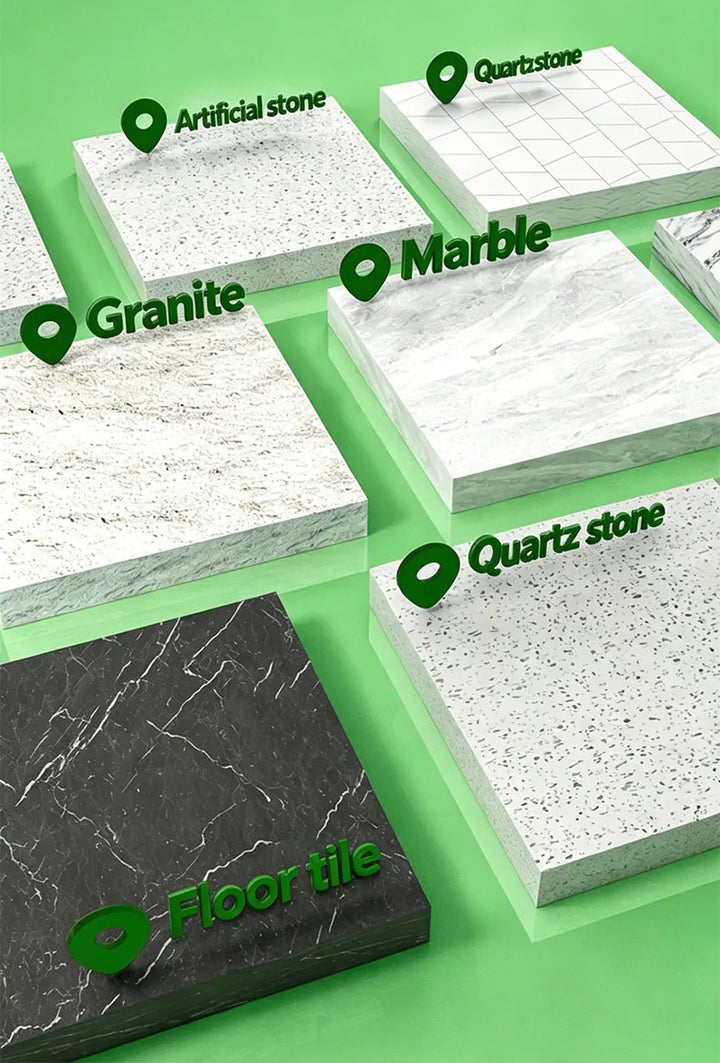 Slabs of artificial stone, granite, marble, quartz and dark floor tile on a bright green background 18