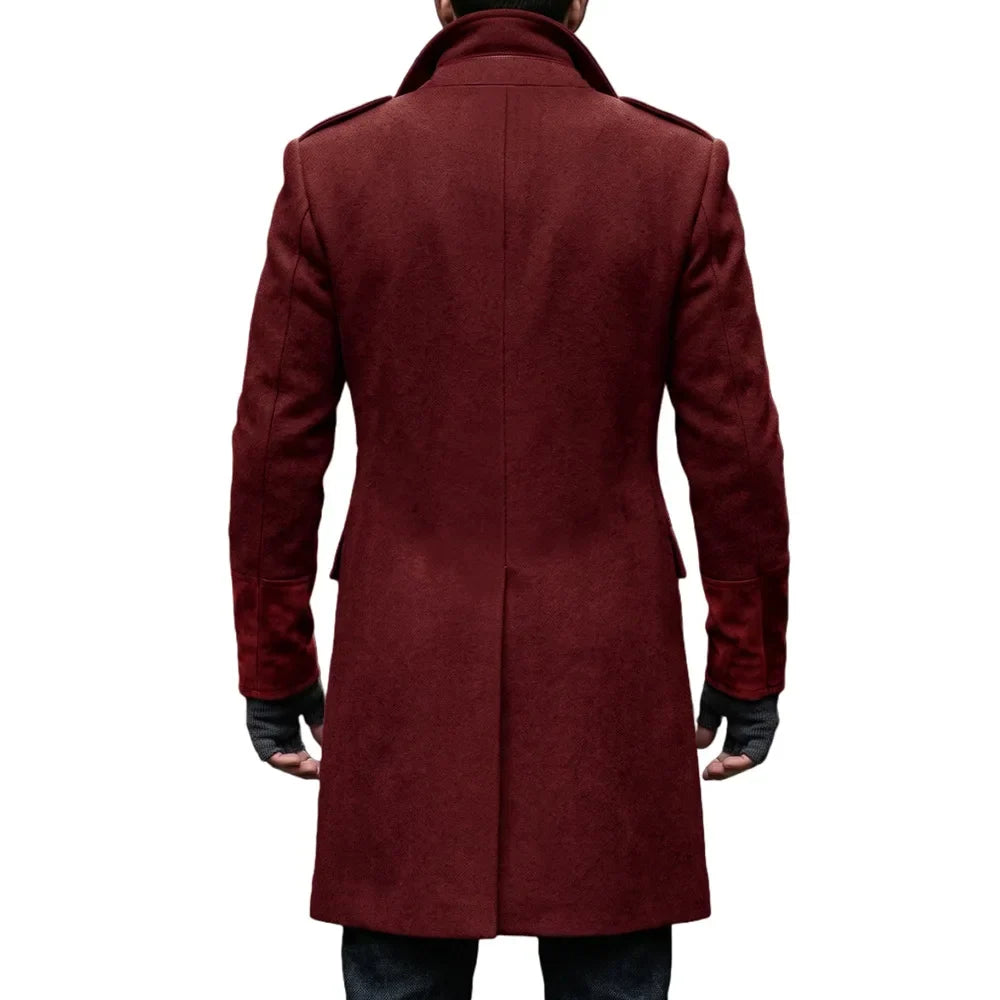 Back view of the burgundy overcoat on a model, showing the center vent, epaulettes and darker suede-look cuffs 18