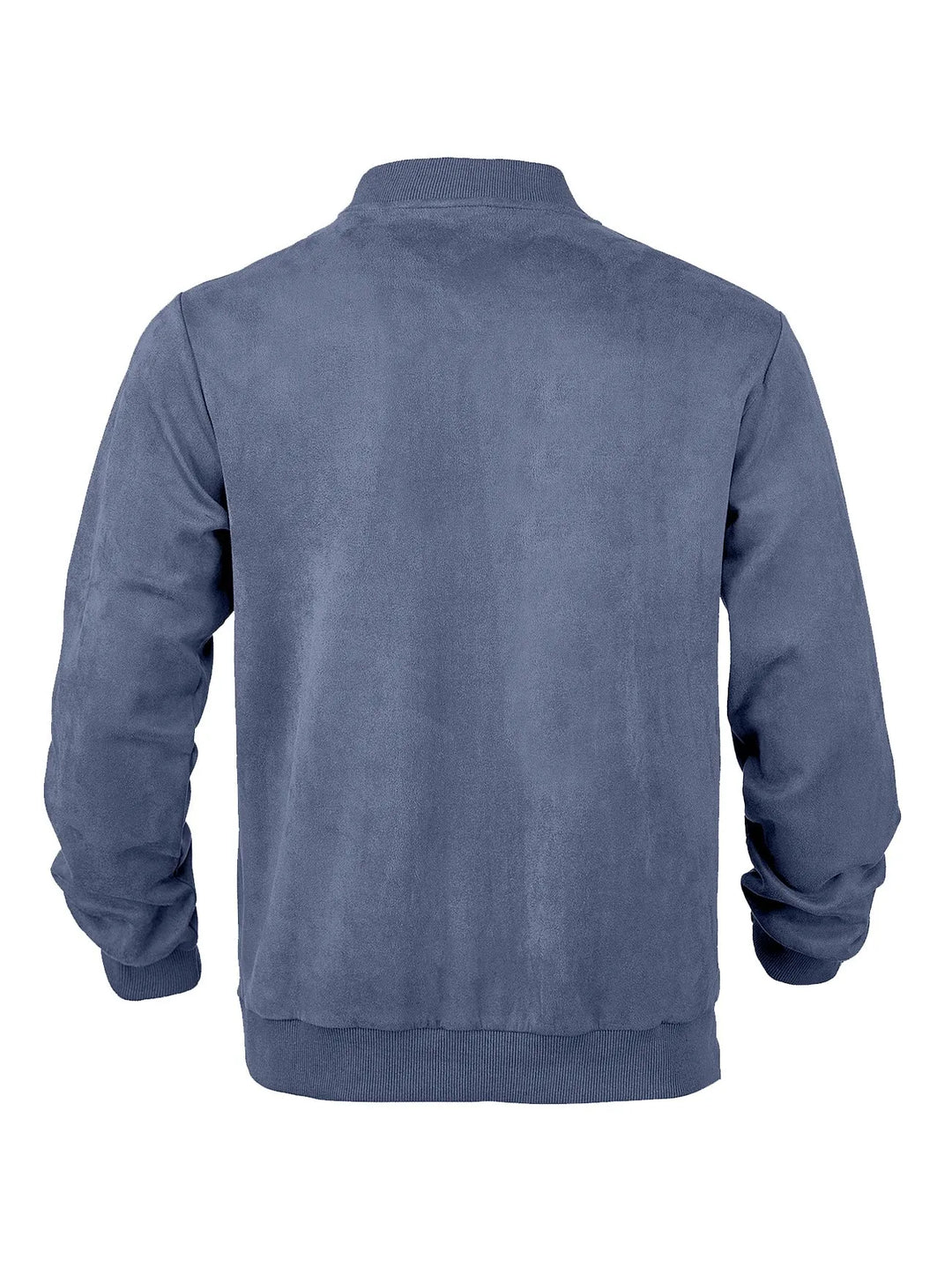 Back view of the blue jacket laid flat, showing the plain back panel and ribbed hem 18
