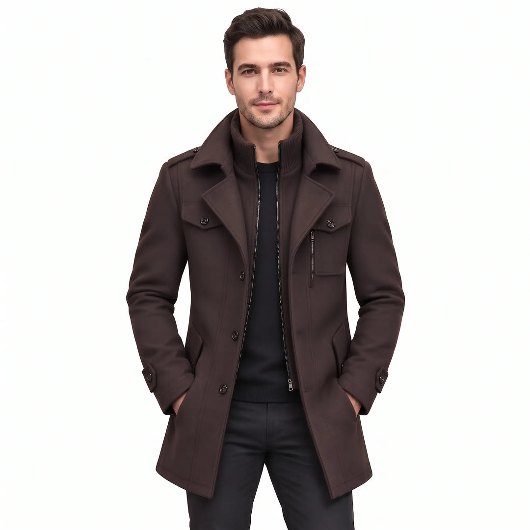 Model wears the dark brown coat open over a black sweater and black pants 18