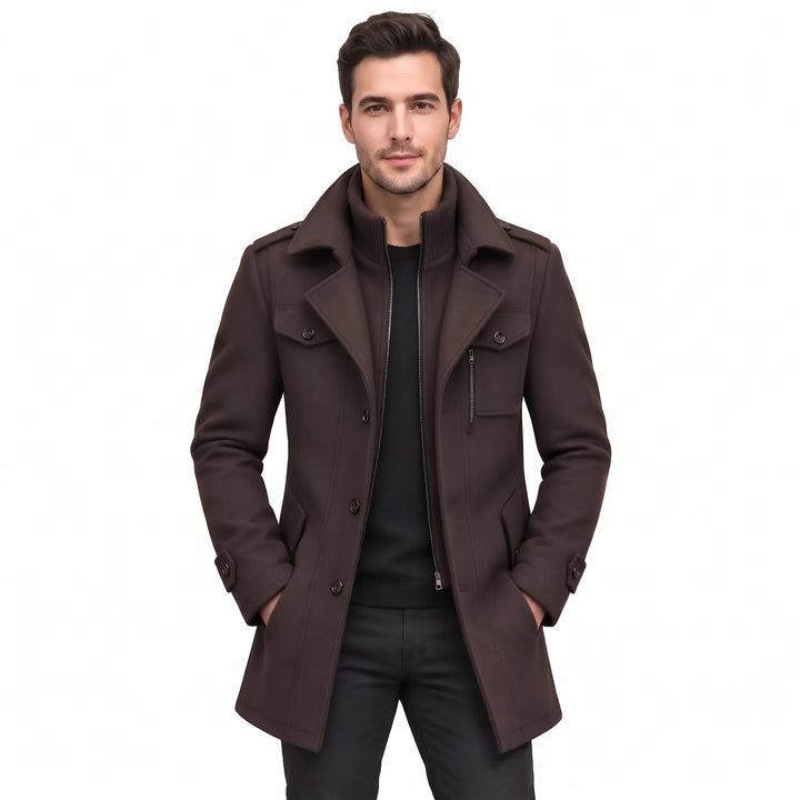 Model wears the dark brown coat open over a black sweater and black pants 18