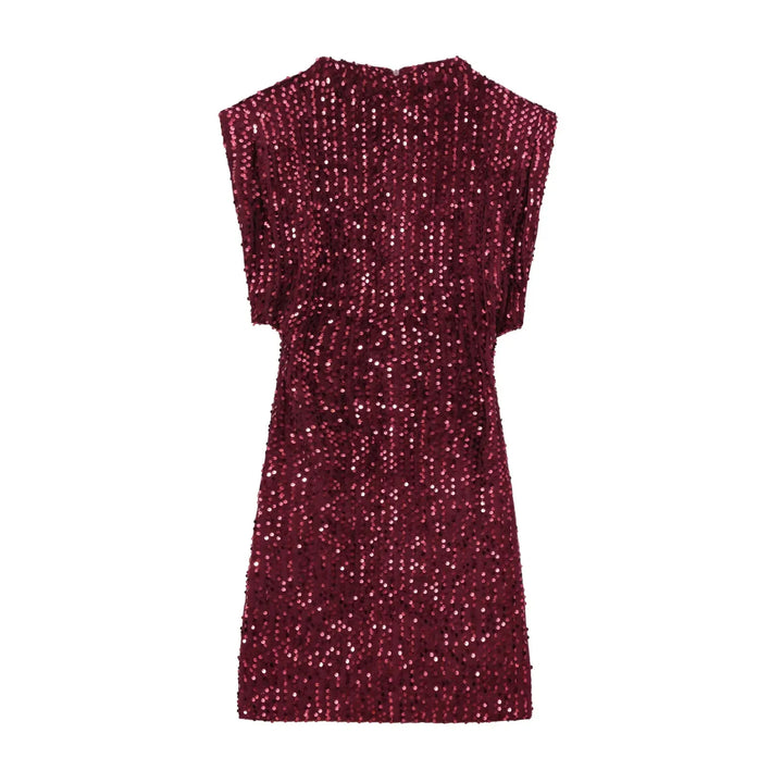 Front view of burgundy sequined mini dress laid flat with high round neckline 18