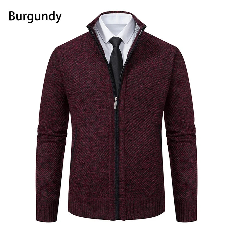 Burgundy zip cardigan in straight front view, worn with a white shirt and black tie 18