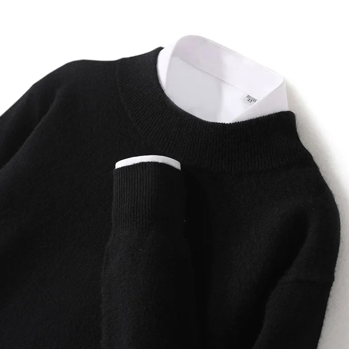 Close-up of a black ribbed mock neck collar and cuff with a white shirt collar showing 18