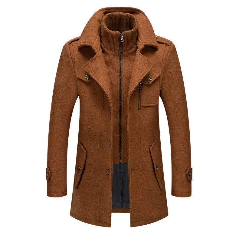 Camel brown overcoat laid flat from the front, with the zip-in knit collar and slanted pockets 18