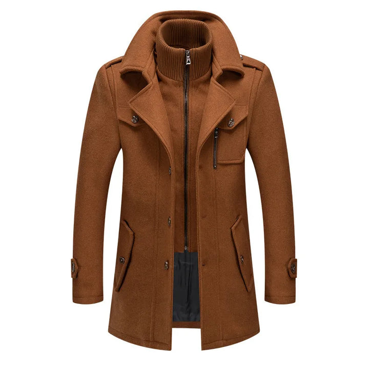 Camel brown overcoat laid flat from the front, with the zip-in knit collar and slanted pockets 18