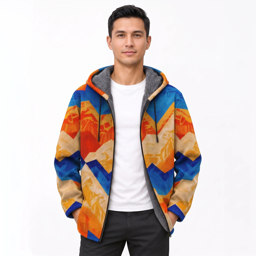 Man wearing the open hooded jacket in blue, orange and tan zigzag mountain-style print 18