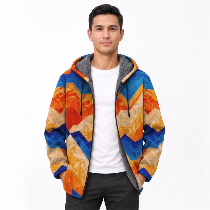 Man wearing the open hooded jacket in blue, orange and tan zigzag mountain-style print 18