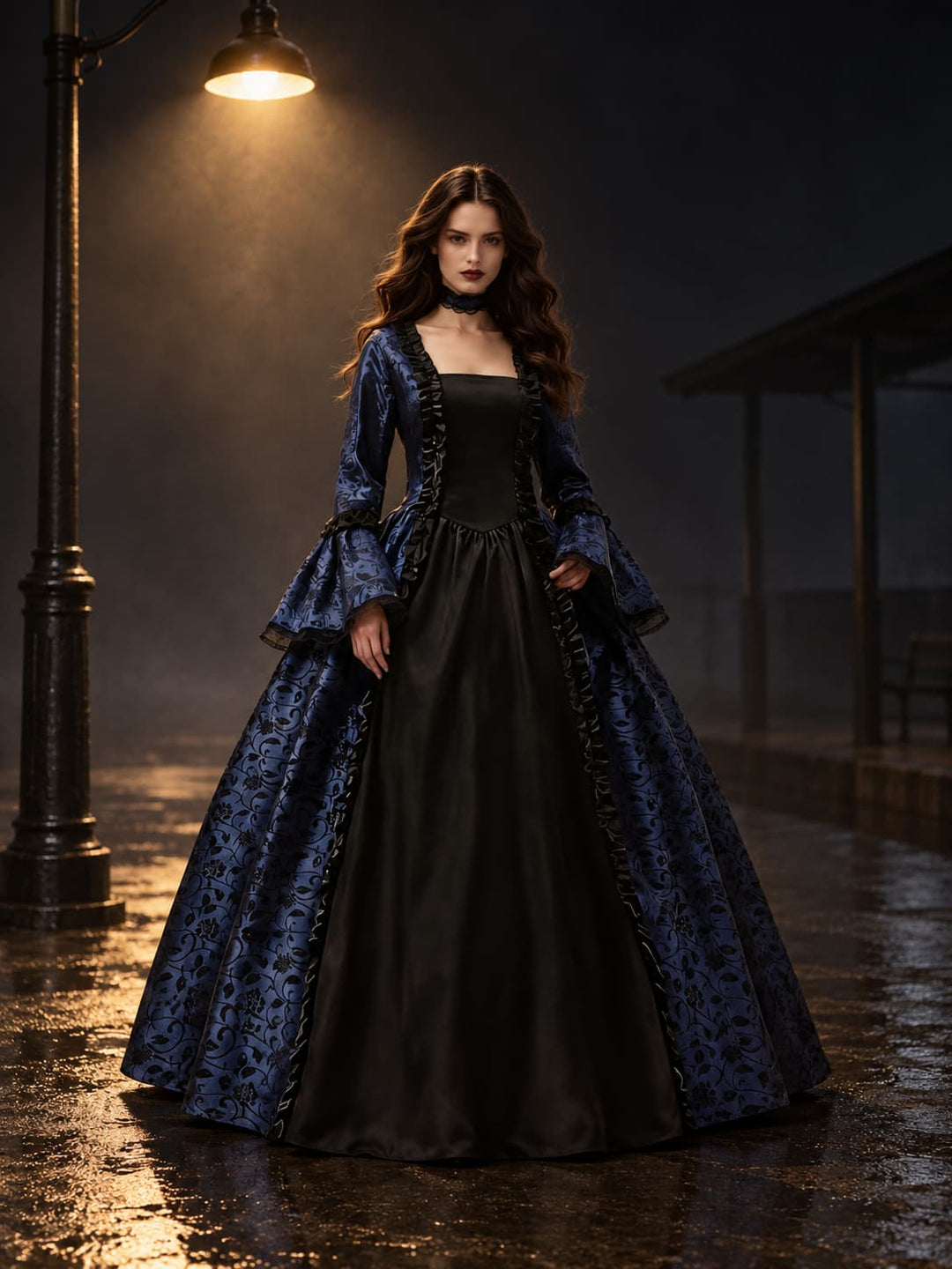 Women's gothic vampire costume dress in black and blue with flared sleeves, shown on a model at night.