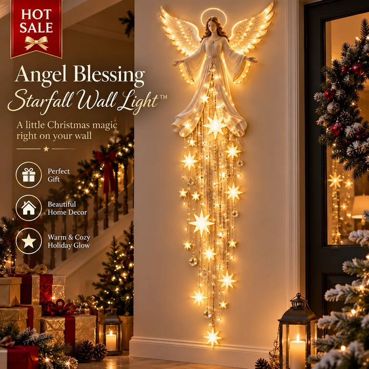 Glowing angel wall light with halo and cascading stars, framed by Christmas garland and gifts