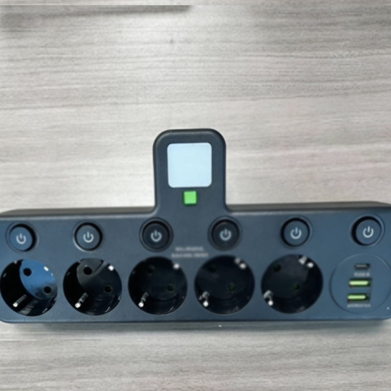 Top view of the black power strip with five sockets, six switches, USB-C and two USB ports.