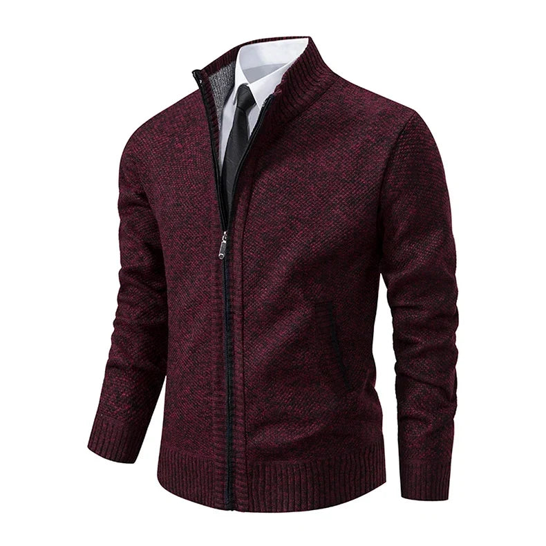 Burgundy knit zip cardigan at an angle, showing the zipper, pocket and ribbed cuffs 19